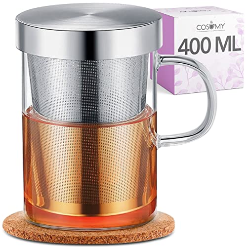 Taza de Te con Filtro y Tapa - con Posavasos de Corcho - Vaso de Cristal de Borosilicato - Taza Grande de 400 ml
