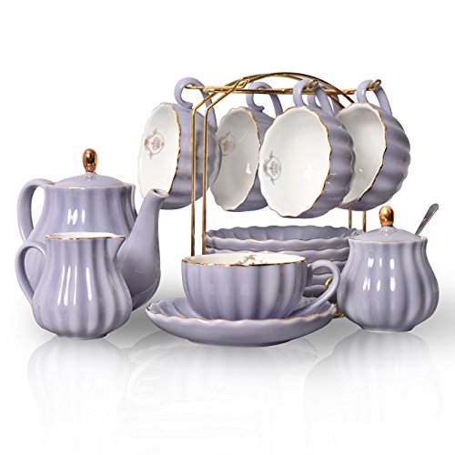 Juego de té de porcelana con tazas y platillos de café y té de cerámica Sweejar Home, con azucarera, tetera y lechera, diseño de familia real morado