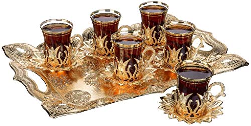 Juego de 6 platos de vasos de té turcos DEMMEX con bandeja y cucharas, 25 piezas, 3.5 onzas (dorado)