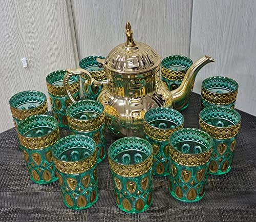 Juego de té marroquí, Tetera inducción de 1,6L con 12 vasos marroqui para el te (DORADO-GR)