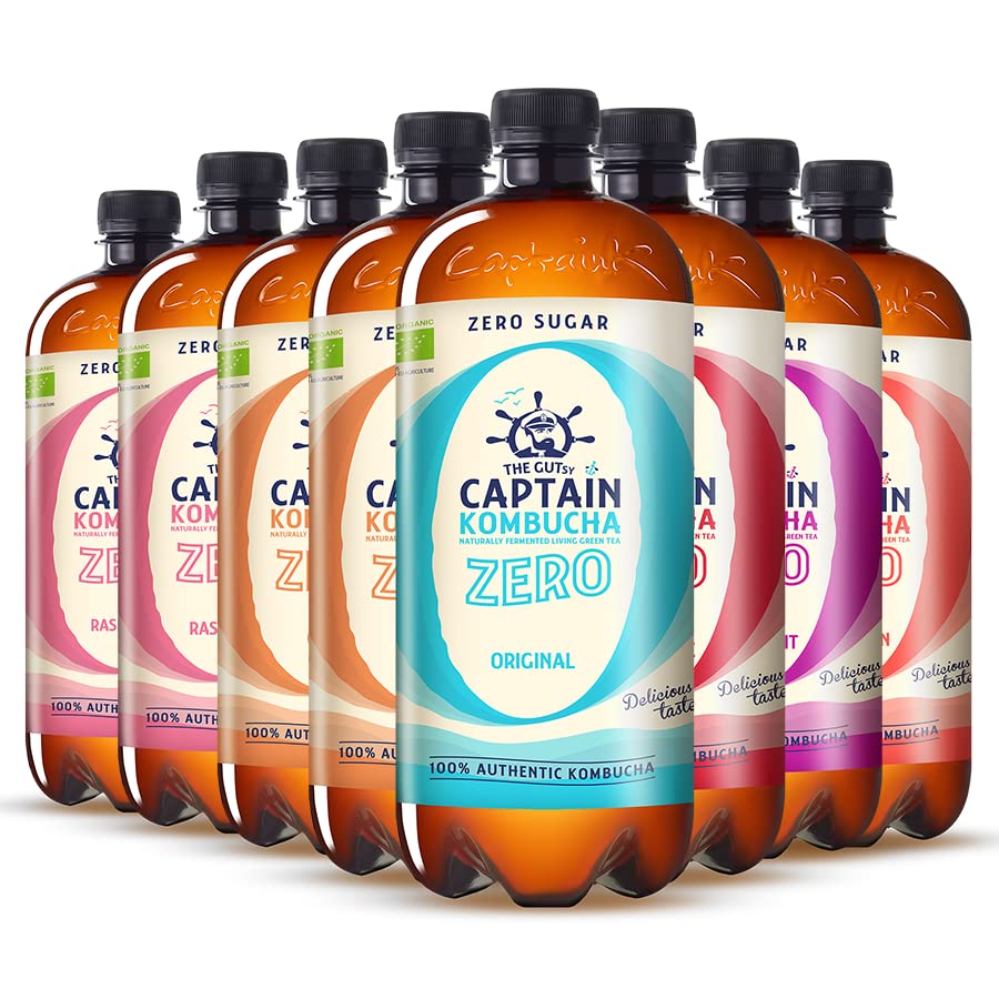 Gutsy Captain Kombucha ZERO 8x1l - Zero Sugar, Zero Calories - Bebida Probiótica Naturalmente Fermentada, Sin Pasteurizar, Vegan - 8 x 1000ml MixBox